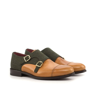 Ambrogio Bespoke Green & Cognac Fabric / Leather Monk-Straps Loafers (AMB1836)