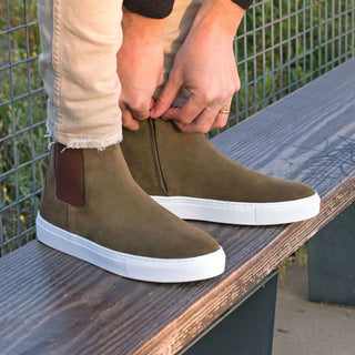 Ambrogio Bespoke Khaki Green Lux Suede Chelsea Sneakers (AMB1848)
