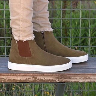 Ambrogio Bespoke Khaki Green Lux Suede Chelsea Sneakers (AMB1848)
