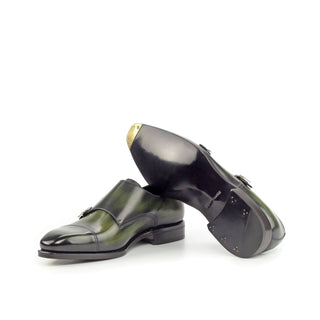 Ambrogio Bespoke Khaki Green Patina Leather Monk-Straps Loafers (AMB1827)