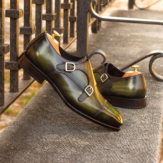 Ambrogio Bespoke Khaki Green Patina Leather Monk-Straps Loafers (AMB1827)