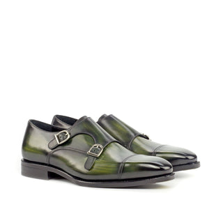 Ambrogio Bespoke Khaki Green Patina Leather Monk-Straps Loafers (AMB1827)