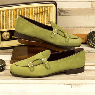 Ambrogio Bespoke Khaki Green Suede Monk Slipper Loafers (AMB1677)