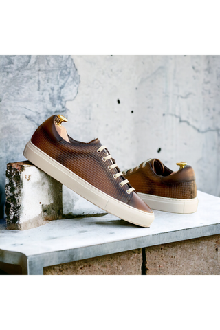 Ambrogio Bespoke Medium Brown Calf-Skin / Woven Leather Trainer Sneakers (AMB2480)-AmbrogioShoes