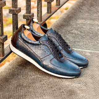 Ambrogio Bespoke Men's Handmade Custom Made Shoes Black & Navy Snake-Skin / Leather Corsini Sneakers (AMB1262)
