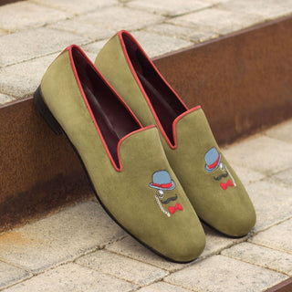 Ambrogio Bespoke Men's Handmade Custom Made Shoes Green & Red Suede / Calf-Skin Leather Wellington Loafers (AMB1309)-AmbrogioShoes