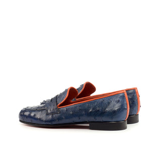 Ambrogio Bespoke Men's Handmade Custom Made Shoes Navy Ostrich-Skin WellingtonLoafers (AMB1322)