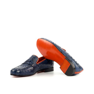 Ambrogio Bespoke Men's Handmade Custom Made Shoes Navy Ostrich-Skin WellingtonLoafers (AMB1322)