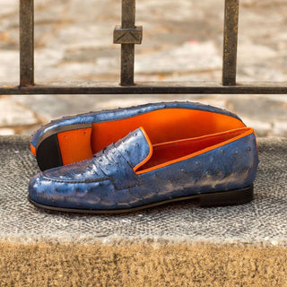 Ambrogio Bespoke Men's Handmade Custom Made Shoes Navy Ostrich-Skin WellingtonLoafers (AMB1322)