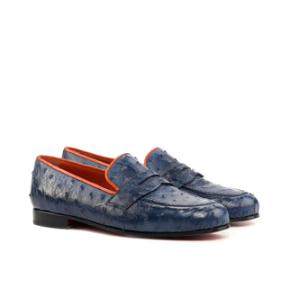 Ambrogio Bespoke Men's Handmade Custom Made Shoes Navy Ostrich-Skin WellingtonLoafers (AMB1322)