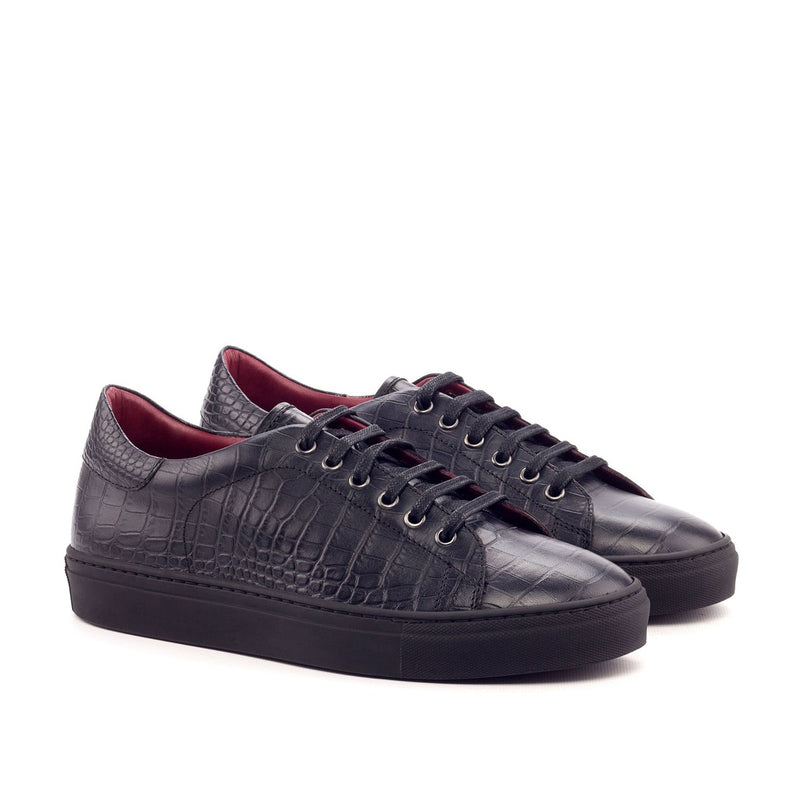 Ambrogio 3174 Bespoke Custom Men's Shoes Black Crocodile Print / Calf-Skin Leather Casual Sneakers (AMB1622)-AmbrogioShoes