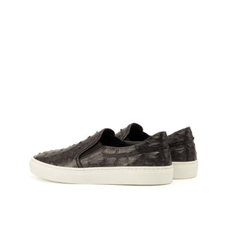 Ambrogio Bespoke Men's Handmade Custom Shoes Black & Gray Exotic Ostrich / Pebble Grain Calf-Skin Leather Slip-On Sneakers (AMB1473)