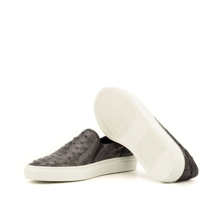 Ambrogio Bespoke Men's Handmade Custom Shoes Black & Gray Exotic Ostrich / Pebble Grain Calf-Skin Leather Slip-On Sneakers (AMB1473)