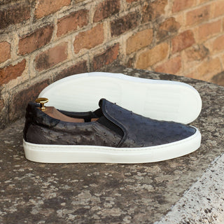 Ambrogio Bespoke Men's Handmade Custom Shoes Black & Gray Exotic Ostrich / Pebble Grain Calf-Skin Leather Slip-On Sneakers (AMB1473)