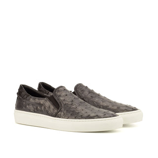 Ambrogio Bespoke Men's Handmade Custom Shoes Black & Gray Exotic Ostrich / Pebble Grain Calf-Skin Leather Slip-On Sneakers (AMB1473)