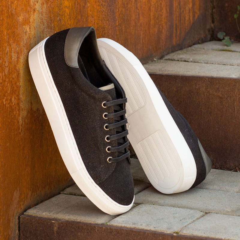 Ambrogio 3487 Bespoke Custom Men's Shoes Black & Gray Linen / Polished Calf-Skin Leather Casual Sneakers (AMB1623)-AmbrogioShoes