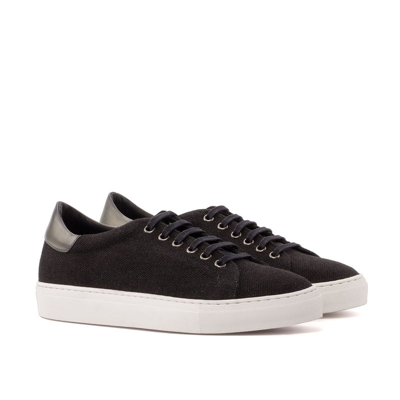 Ambrogio 3487 Bespoke Custom Men's Shoes Black & Gray Linen / Polished Calf-Skin Leather Casual Sneakers (AMB1623)-AmbrogioShoes