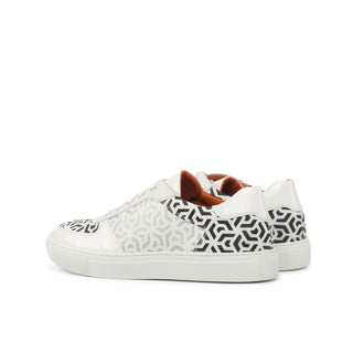 Ambrogio Bespoke Men's Handmade Custom Shoes Black & White Patent / Calf-Skin Leather Casual Stencil Sneakers (AMB1414)