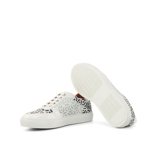 Ambrogio Bespoke Men's Handmade Custom Shoes Black & White Patent / Calf-Skin Leather Casual Stencil Sneakers (AMB1414)