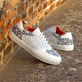 Ambrogio Bespoke Men's Handmade Custom Shoes Black & White Patent / Calf-Skin Leather Casual Stencil Sneakers (AMB1414)