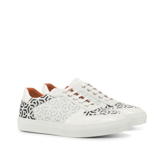 Ambrogio Bespoke Men's Handmade Custom Shoes Black & White Patent / Calf-Skin Leather Casual Stencil Sneakers (AMB1414)