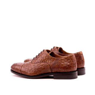 Ambrogio Bespoke Men's Handmade Custom Shoes Brown Exotic Ostrich Cap-Toe Oxfords (AMB1349)