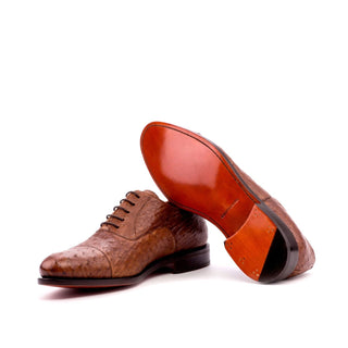 Ambrogio Bespoke Men's Handmade Custom Shoes Brown Exotic Ostrich Cap-Toe Oxfords (AMB1349)