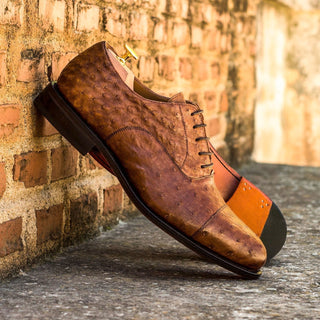 Ambrogio Bespoke Men's Handmade Custom Shoes Brown Exotic Ostrich Cap-Toe Oxfords (AMB1349)