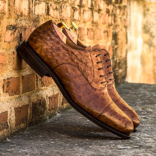 Ambrogio Bespoke Men's Handmade Custom Shoes Brown Exotic Ostrich Cap-Toe Oxfords (AMB1349)