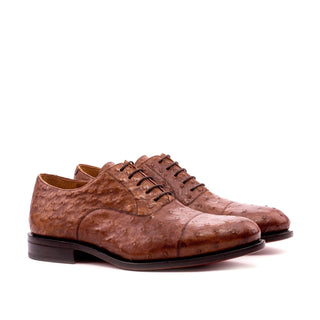 Ambrogio Bespoke Men's Handmade Custom Shoes Brown Exotic Ostrich Cap-Toe Oxfords (AMB1349)