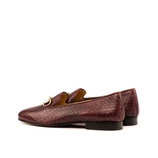 Ambrogio Bespoke Men's Handmade Custom Shoes Burgundy Exotic Snake-Skin / Calf-Skin Leather Horsebit loafers (AMB1424)
