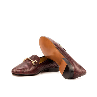 Ambrogio Bespoke Men's Handmade Custom Shoes Burgundy Exotic Snake-Skin / Calf-Skin Leather Horsebit loafers (AMB1424)