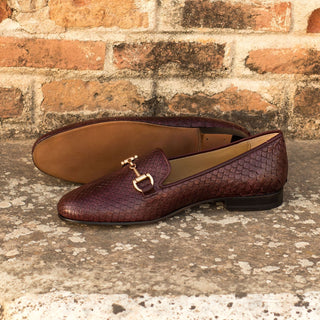 Ambrogio Bespoke Men's Handmade Custom Shoes Burgundy Exotic Snake-Skin / Calf-Skin Leather Horsebit loafers (AMB1424)