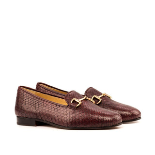 Ambrogio Bespoke Men's Handmade Custom Shoes Burgundy Exotic Snake-Skin / Calf-Skin Leather Horsebit loafers (AMB1424)