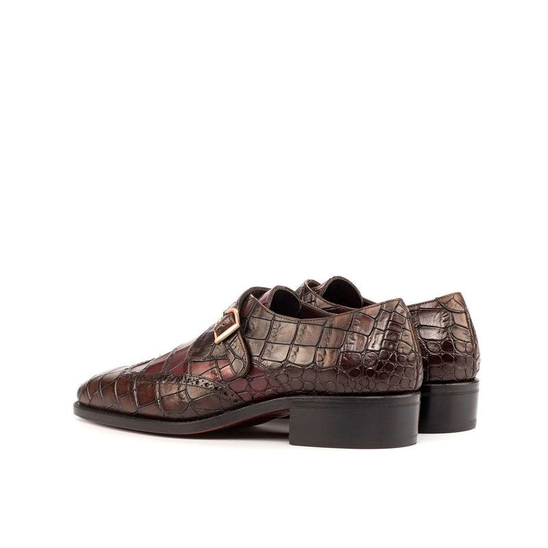 Ambrogio 4597 Bespoke Custom Men's Shoes Dark Brown & Burgundy Crocodile Print / Calf-Skin Leather Monk-Strap Loafers (AMB1807)-AmbrogioShoes