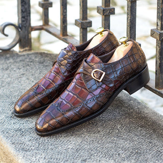 Ambrogio 4597 Bespoke Custom Men's Shoes Dark Brown & Burgundy Crocodile Print / Calf-Skin Leather Monk-Strap Loafers (AMB1807)-AmbrogioShoes