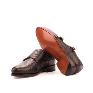 Ambrogio Bespoke Men's Handmade Custom Shoes Dark Brown Exotic Ostrich Monk-Straps Loafers (AMB1434)