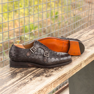 Ambrogio Bespoke Men's Handmade Custom Shoes Dark Brown Exotic Ostrich Monk-Straps Loafers (AMB1434)