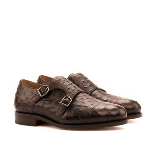 Ambrogio Bespoke Men's Handmade Custom Shoes Dark Brown Exotic Ostrich Monk-Straps Loafers (AMB1434)