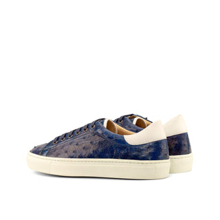 Ambrogio Bespoke Men's Handmade Custom Shoes Navy Exotic Ostrich-Skin / Calf-Skin Leather Casual Trainer Sneakers (AMB1389)