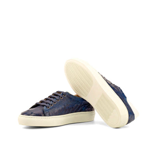 Ambrogio Bespoke Men's Handmade Custom Shoes Navy Exotic Ostrich-Skin / Calf-Skin Leather Casual Trainer Sneakers (AMB1389)