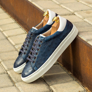 Ambrogio Bespoke Men's Handmade Custom Shoes Navy Exotic Ostrich-Skin / Calf-Skin Leather Casual Trainer Sneakers (AMB1389)