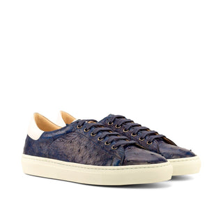 Ambrogio Bespoke Men's Handmade Custom Shoes Navy Exotic Ostrich-Skin / Calf-Skin Leather Casual Trainer Sneakers (AMB1389)