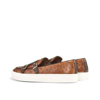 Ambrogio Bespoke Men's Handmade Custom Shoes Three Tone Exotic Ostrich / Calf-Skin Leather Monk Sneakers (AMB1463)