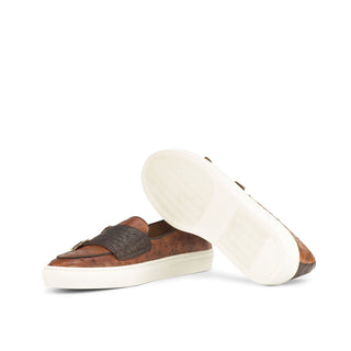 Ambrogio Bespoke Men's Handmade Custom Shoes Three Tone Exotic Ostrich / Calf-Skin Leather Monk Sneakers (AMB1463)