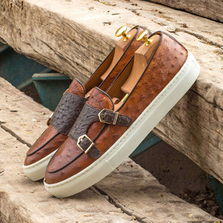 Ambrogio Bespoke Men's Handmade Custom Shoes Three Tone Exotic Ostrich / Calf-Skin Leather Monk Sneakers (AMB1463)