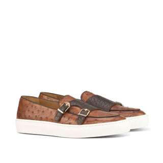 Ambrogio Bespoke Men's Handmade Custom Shoes Three Tone Exotic Ostrich / Calf-Skin Leather Monk Sneakers (AMB1463)