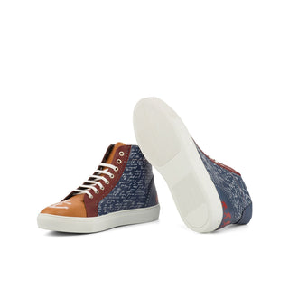 Ambrogio Bespoke Men's Handmade Custom Shoes Three Tone Full Grain / Pebble Grain / Calf-Skin Leather High Kicks Stencil Sneakers (AMB1406)
