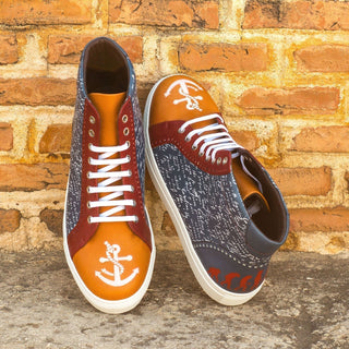 Ambrogio Bespoke Men's Handmade Custom Shoes Three Tone Full Grain / Pebble Grain / Calf-Skin Leather High Kicks Stencil Sneakers (AMB1406)