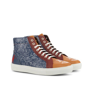 Ambrogio Bespoke Men's Handmade Custom Shoes Three Tone Full Grain / Pebble Grain / Calf-Skin Leather High Kicks Stencil Sneakers (AMB1406)